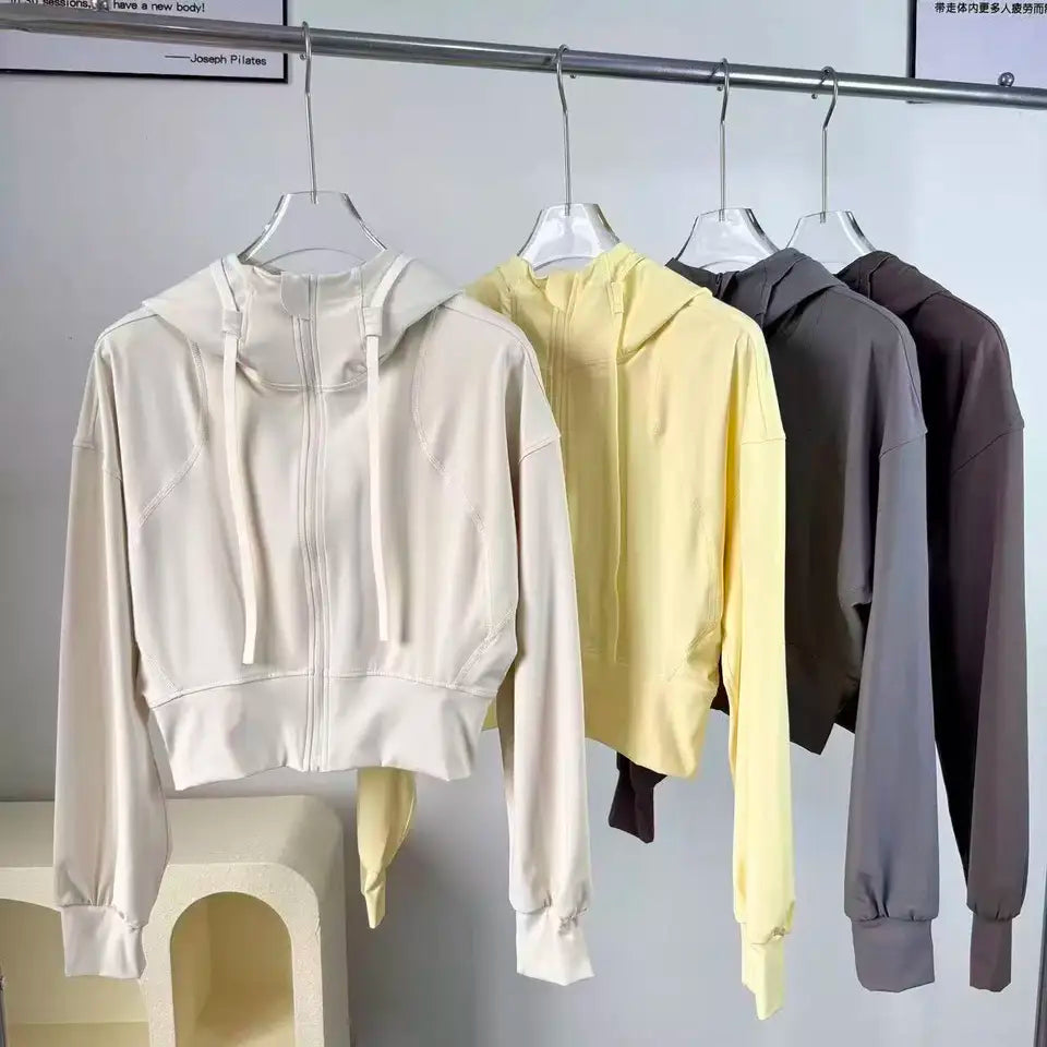 Women's Short Hooded Sports Jacket, Waist-Cinching Slimming Design, Zip-Up Cardigan Long-Sleeve Top Yoga and Fitness Wear Jacket