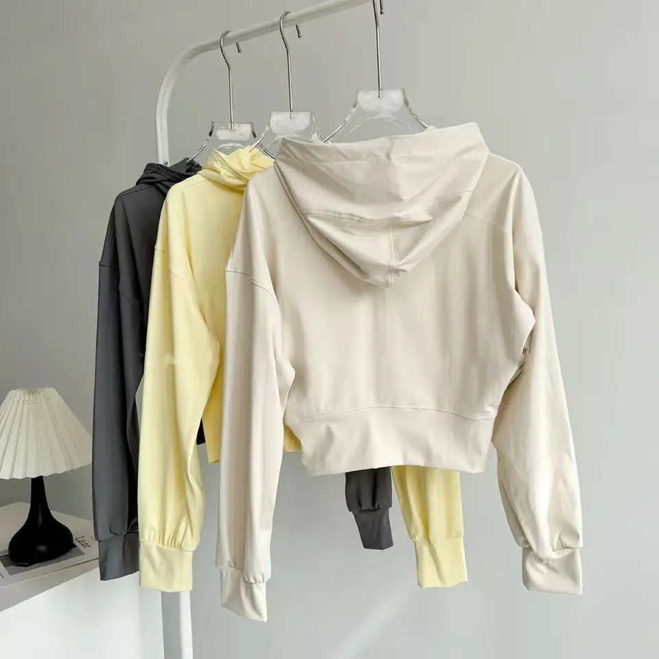 Women's Short Hooded Sports Jacket, Waist-Cinching Slimming Design, Zip-Up Cardigan Long-Sleeve Top Yoga and Fitness Wear Jacket