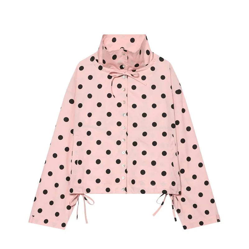 MUJER Polka Dot Bomber Jackets Woman Button Casual Varsity Jackets for Women Summer Overcoat Female Long Sleeve Women's Jackets