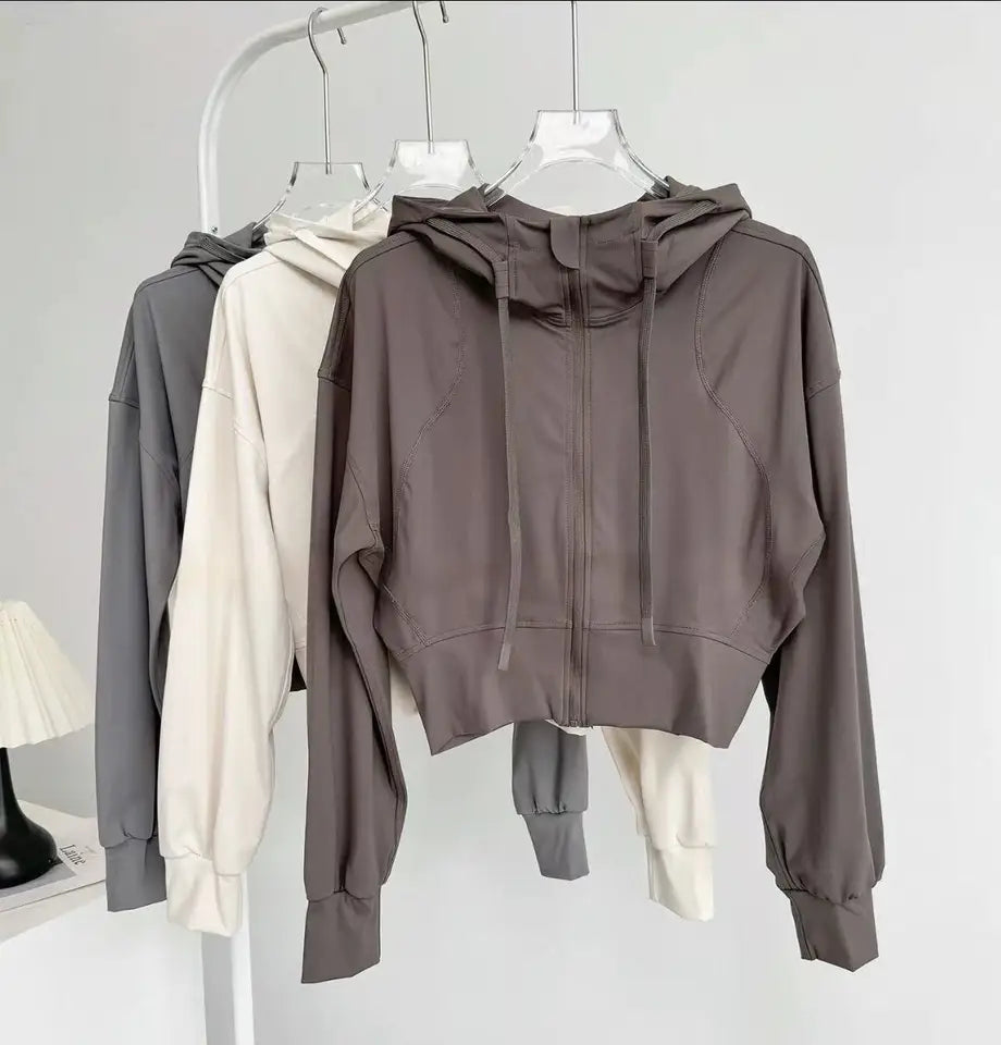 Women's Short Hooded Sports Jacket, Waist-Cinching Slimming Design, Zip-Up Cardigan Long-Sleeve Top Yoga and Fitness Wear Jacket