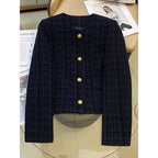 Ladies Short Jacket 2025 Spring Autumn Navy Blue Small Fragrance Lady Outerwear Korean Version Temperament Women's Short Tops