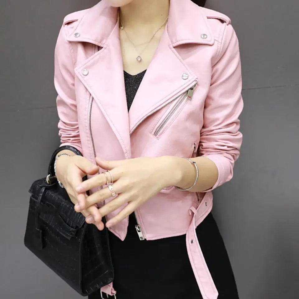 Women Faux Leather Jacket Turn-down Collar Zip-up Zipper Rivet Decor Motorcycle Coat Long Sleeves Female Outerwear Lady Clothing