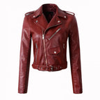 Women Faux Leather Jacket Turn-down Collar Zip-up Zipper Rivet Decor Motorcycle Coat Long Sleeves Female Outerwear Lady Clothing