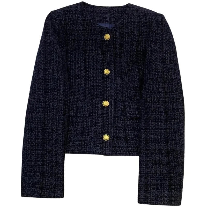 Ladies Short Jacket 2025 Spring Autumn Navy Blue Small Fragrance Lady Outerwear Korean Version Temperament Women's Short Tops