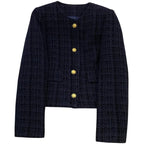 Ladies Short Jacket 2025 Spring Autumn Navy Blue Small Fragrance Lady Outerwear Korean Version Temperament Women's Short Tops