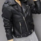 Women Faux Leather Jacket Turn-down Collar Zip-up Zipper Rivet Decor Motorcycle Coat Long Sleeves Female Outerwear Lady Clothing