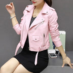 Women Faux Leather Jacket Turn-down Collar Zip-up Zipper Rivet Decor Motorcycle Coat Long Sleeves Female Outerwear Lady Clothing