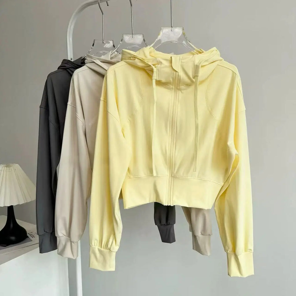 Women's Short Hooded Sports Jacket, Waist-Cinching Slimming Design, Zip-Up Cardigan Long-Sleeve Top Yoga and Fitness Wear Jacket