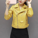 Women Faux Leather Jacket Turn-down Collar Zip-up Zipper Rivet Decor Motorcycle Coat Long Sleeves Female Outerwear Lady Clothing