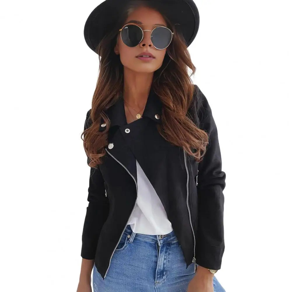 Women Faux Leather Jacket Solid Color Turn-down Collar Zipper Closure Lady Coat Lapel Collar Motorcycle Outerwear With Pockets