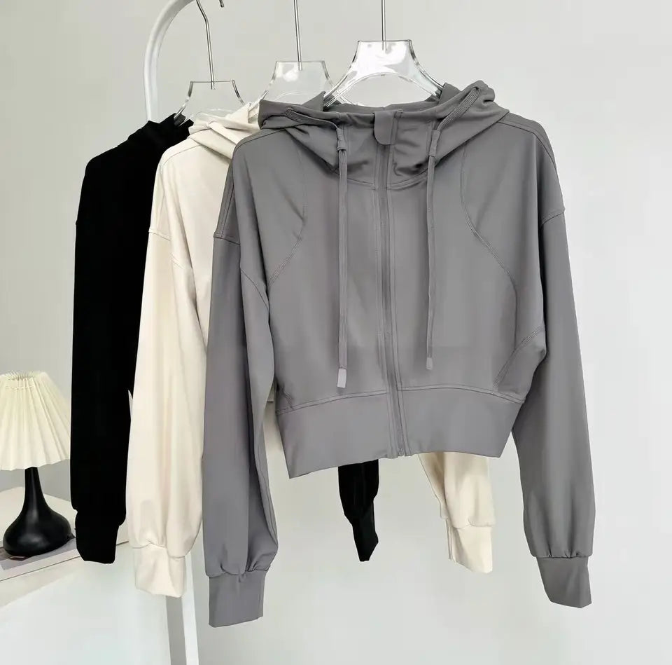 Women's Short Hooded Sports Jacket, Waist-Cinching Slimming Design, Zip-Up Cardigan Long-Sleeve Top Yoga and Fitness Wear Jacket