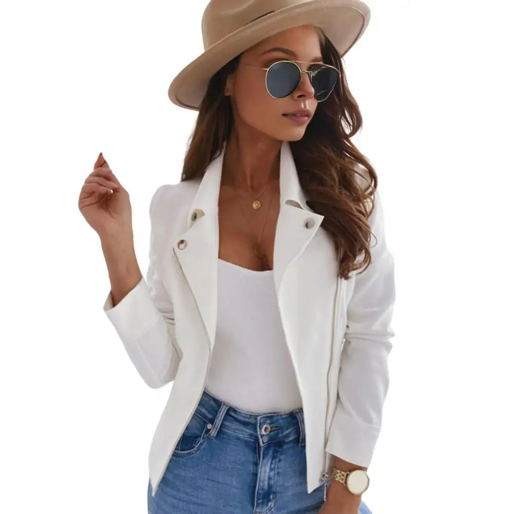 Women Faux Leather Jacket Solid Color Turn-down Collar Zipper Closure Lady Coat Lapel Collar Motorcycle Outerwear With Pockets