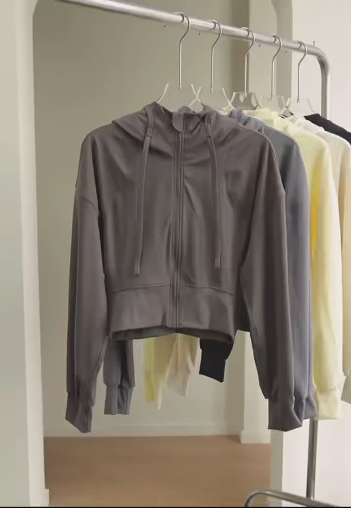 Women's Short Hooded Sports Jacket, Waist-Cinching Slimming Design, Zip-Up Cardigan Long-Sleeve Top Yoga and Fitness Wear Jacket