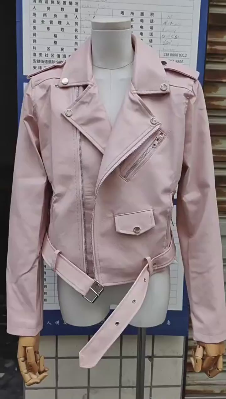 Women Faux Leather Jacket Turn-down Collar Zip-up Zipper Rivet Decor Motorcycle Coat Long Sleeves Female Outerwear Lady Clothing